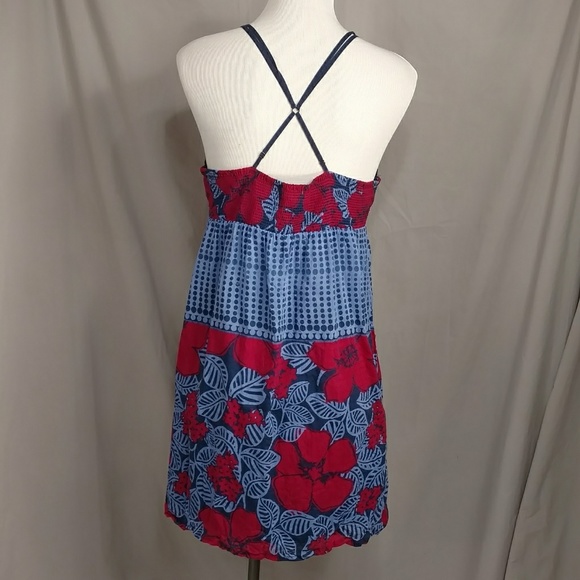 Red Blue Sundress XL Cotton Silk Bright Mini Dress - Picture 4 of 8